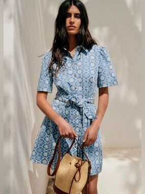 Sezane Gemini Dress in Chambray with Ecru Embroidery NWT Size 6/38